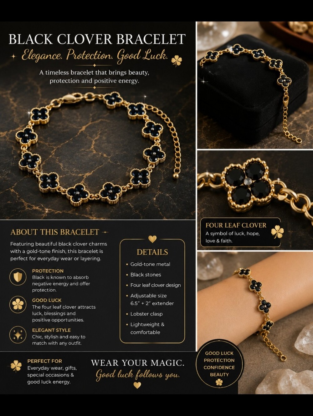 Black Clover Bracelet - Gold-Tone with Black Stones